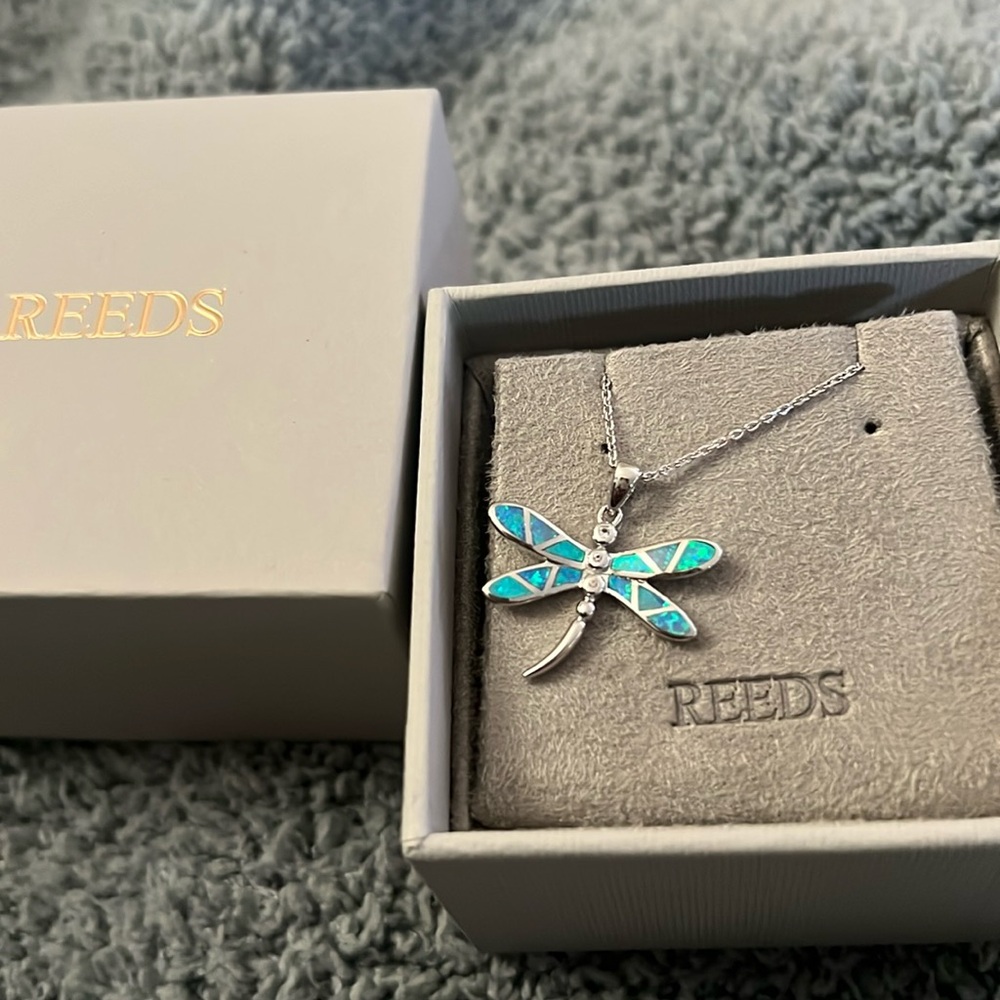 Sterling silver dragonfly necklace from Reeds Jewelers. 18”-20” chain.